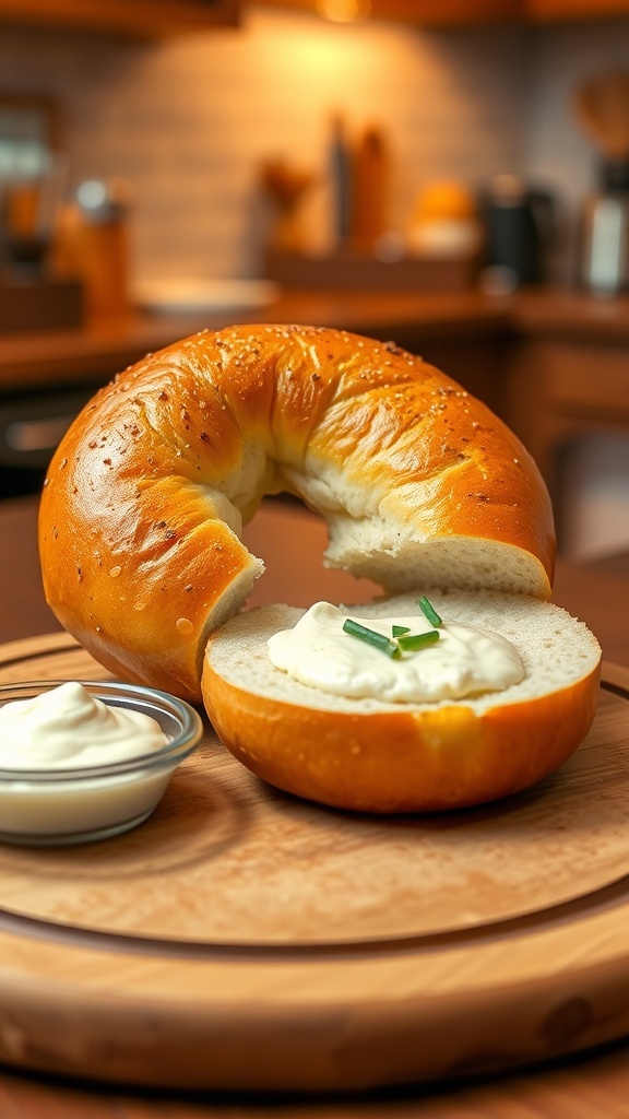 A sliced golden brown bagel with cream cheese and chives on a wooden cutting board.